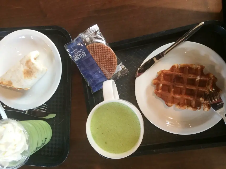 Every Confection and Sweet Drink We Have Ever Tried, matcha latte and belgian waffle